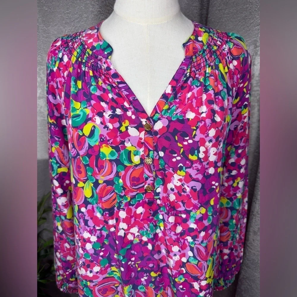 Lily Pulitzer Women’s Elsa Multicolor Wild Confetti Print Silk Blouse Sz M